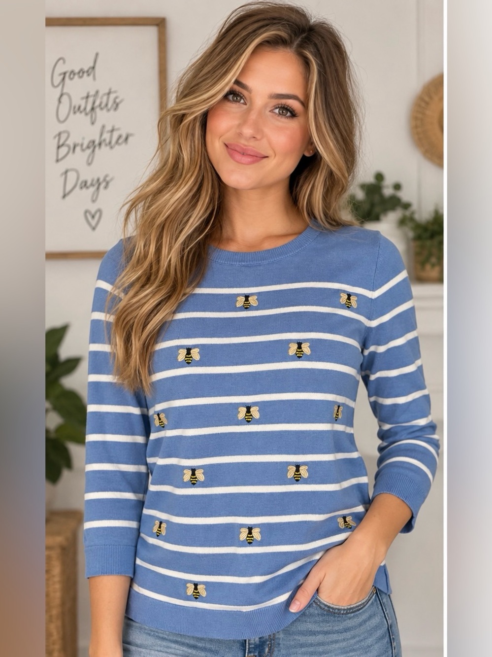 Talbots Blue Striped Bee Embroidered Sweater Top Small Preppy 3/4 Sleeve